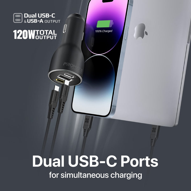Promate PowerDrive-120 120W RapidCharge Car Charger – Dual USB-C PD + QC 3.0 USB-A, 12-24V Input