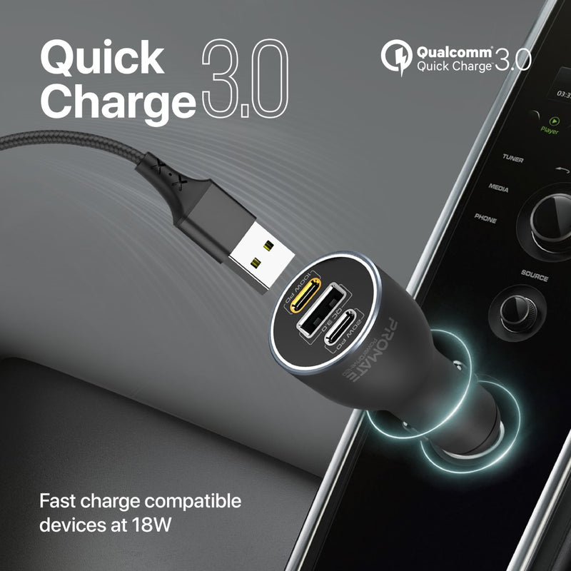 Promate PowerDrive-120 120W RapidCharge Car Charger – Dual USB-C PD + QC 3.0 USB-A, 12-24V Input