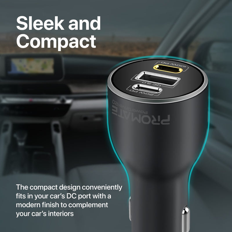 Promate PowerDrive-120 120W RapidCharge Car Charger – Dual USB-C PD + QC 3.0 USB-A, 12-24V Input