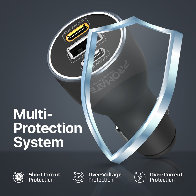 Promate PowerDrive-120 120W RapidCharge Car Charger – Dual USB-C PD + QC 3.0 USB-A, 12-24V Input