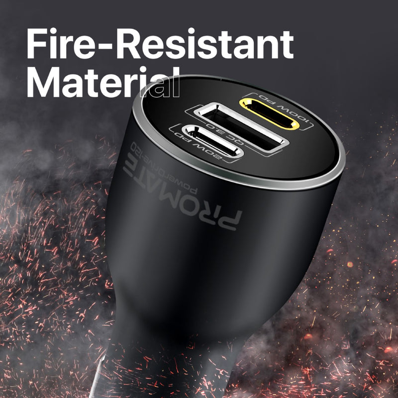 Promate PowerDrive-120 120W RapidCharge Car Charger – Dual USB-C PD + QC 3.0 USB-A, 12-24V Input