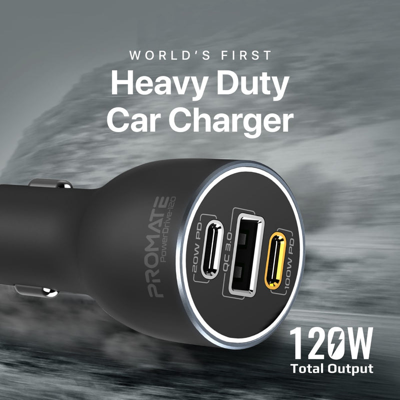 Promate PowerDrive-120 120W RapidCharge Car Charger – Dual USB-C PD + QC 3.0 USB-A, 12-24V Input