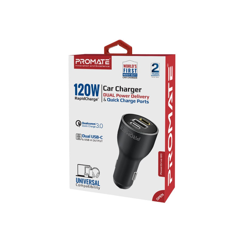 Promate PowerDrive-120 120W RapidCharge Car Charger – Dual USB-C PD + QC 3.0 USB-A, 12-24V Input