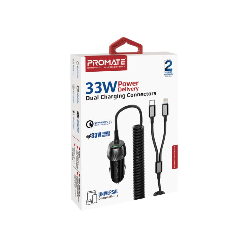 Promate PowerDrive-33PDCI 33W Car Charger with Lightning Connector & USB-C Cable