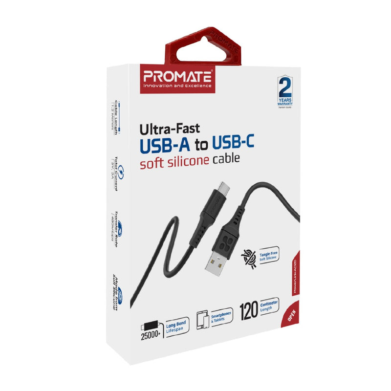 Promate USB-A to USB-C 1.2m Soft Silicone Cable, 480Mbps Data Transfer Rate - PowerLink-AC120