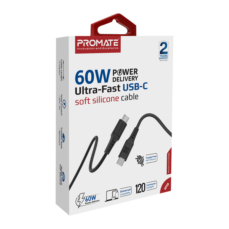 Promate 60W Power Delivery Ultra-Fast USB-C Soft Silicon Cable