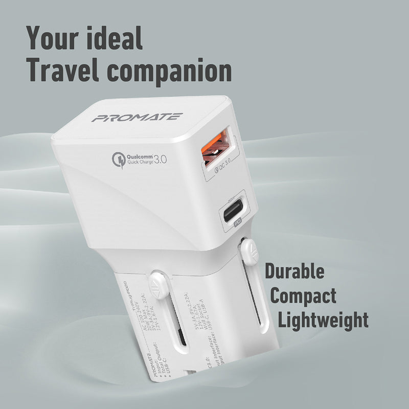 Promate  Universal Travel Adapter with 20W Power Delivery & QC 3.0 • US/UK/EU/AU Plugs • TriPlug-PD20
