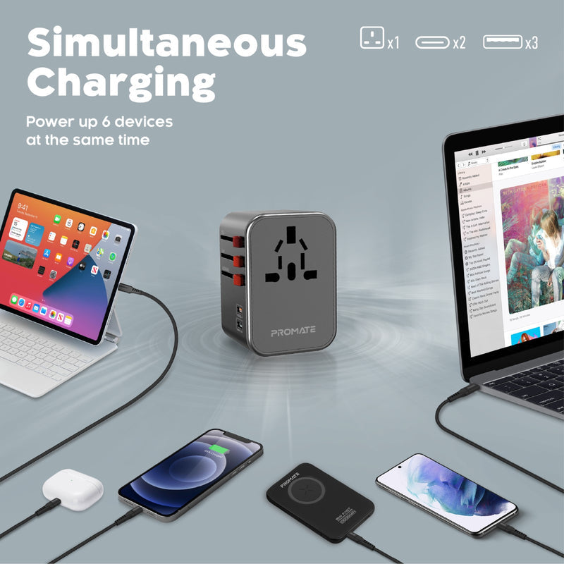 Promate TripMate-36W Universal Travel Adapter – 20W USB-C PD, QC 3.0 Fast Charging, 3 USB Ports, Global Plug Support, 8A Surge Protection