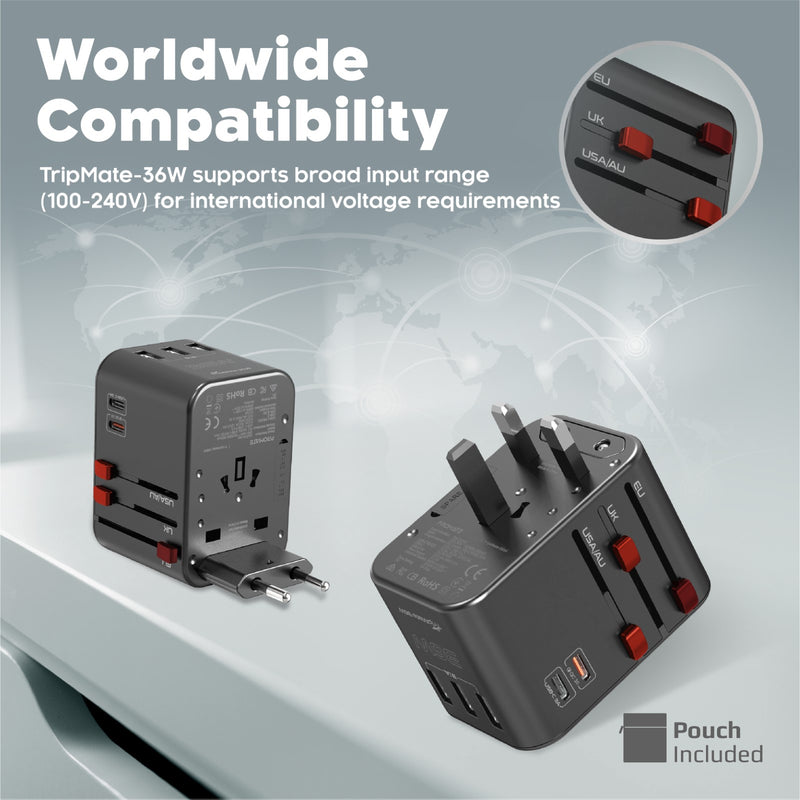 Promate TripMate-36W Universal Travel Adapter – 20W USB-C PD, QC 3.0 Fast Charging, 3 USB Ports, Global Plug Support, 8A Surge Protection