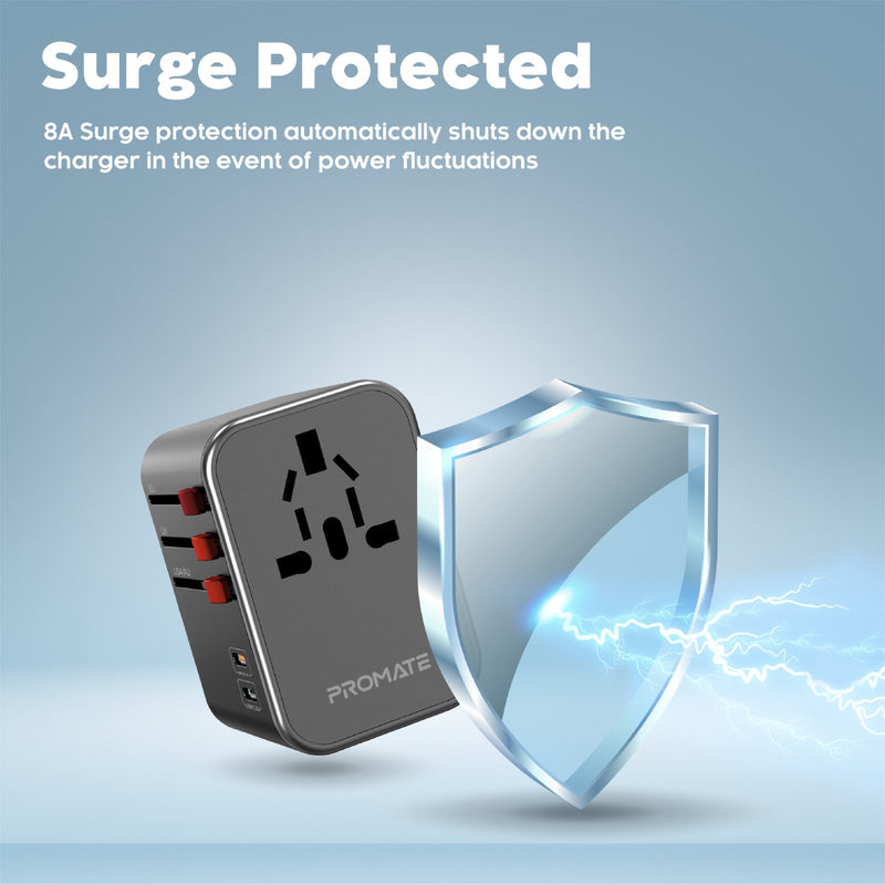 Promate Universal Travel Adapter with 20W Power Delivery & QC 3.0 • US/UK/EU/AU Plugs • TripMate-36W