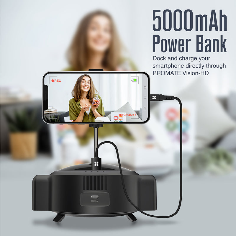 Promate Ai SmartTrack HD Handsfree Streaming Webcam • 360° Auto Rotation • 3 Mode LED Light • 8 Hour Working time • 5000mAh Power Bank • No App Required