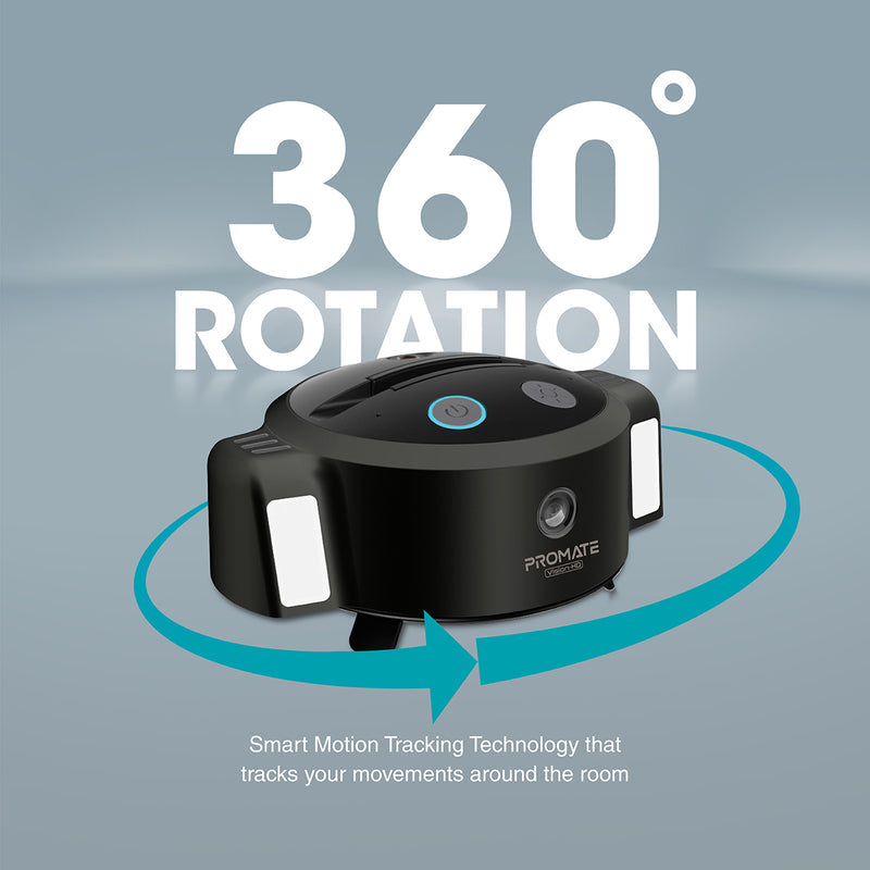كاميرا ويب Promate Ai SmartTrack HD للبث بدون استخدام اليدين • دوران تلقائي 360 درجة • 3 أوضاع إضاءة LED • وقت عمل 8 ساعات • بنك طاقة بقدرة 5000 مللي أمبير في الساعة • لا يتطلب تطبيقًا