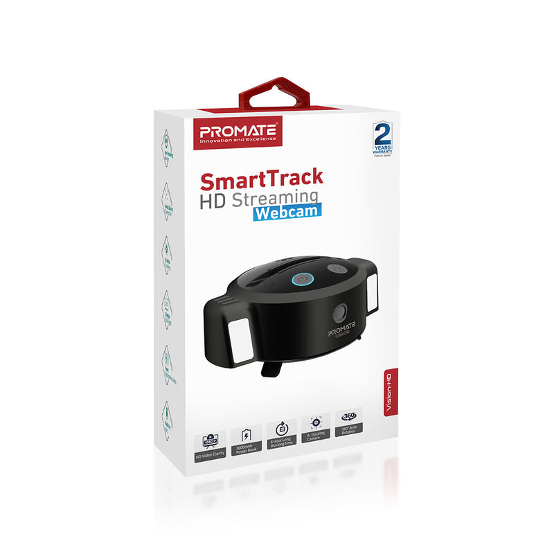 كاميرا ويب Promate Ai SmartTrack HD للبث بدون استخدام اليدين • دوران تلقائي 360 درجة • 3 أوضاع إضاءة LED • وقت عمل 8 ساعات • بنك طاقة بقدرة 5000 مللي أمبير في الساعة • لا يتطلب تطبيقًا