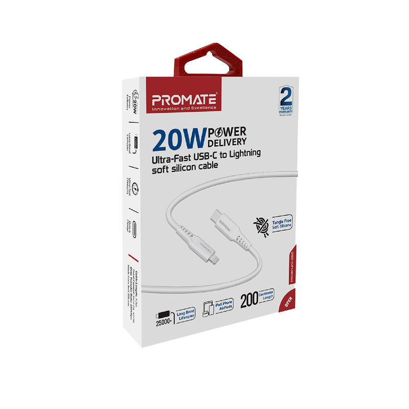 Promate USB-C to Lightning Cable 2m Silicone Cable, 20W Power Delivery Fast Charging with 480 Mbps Data Sync