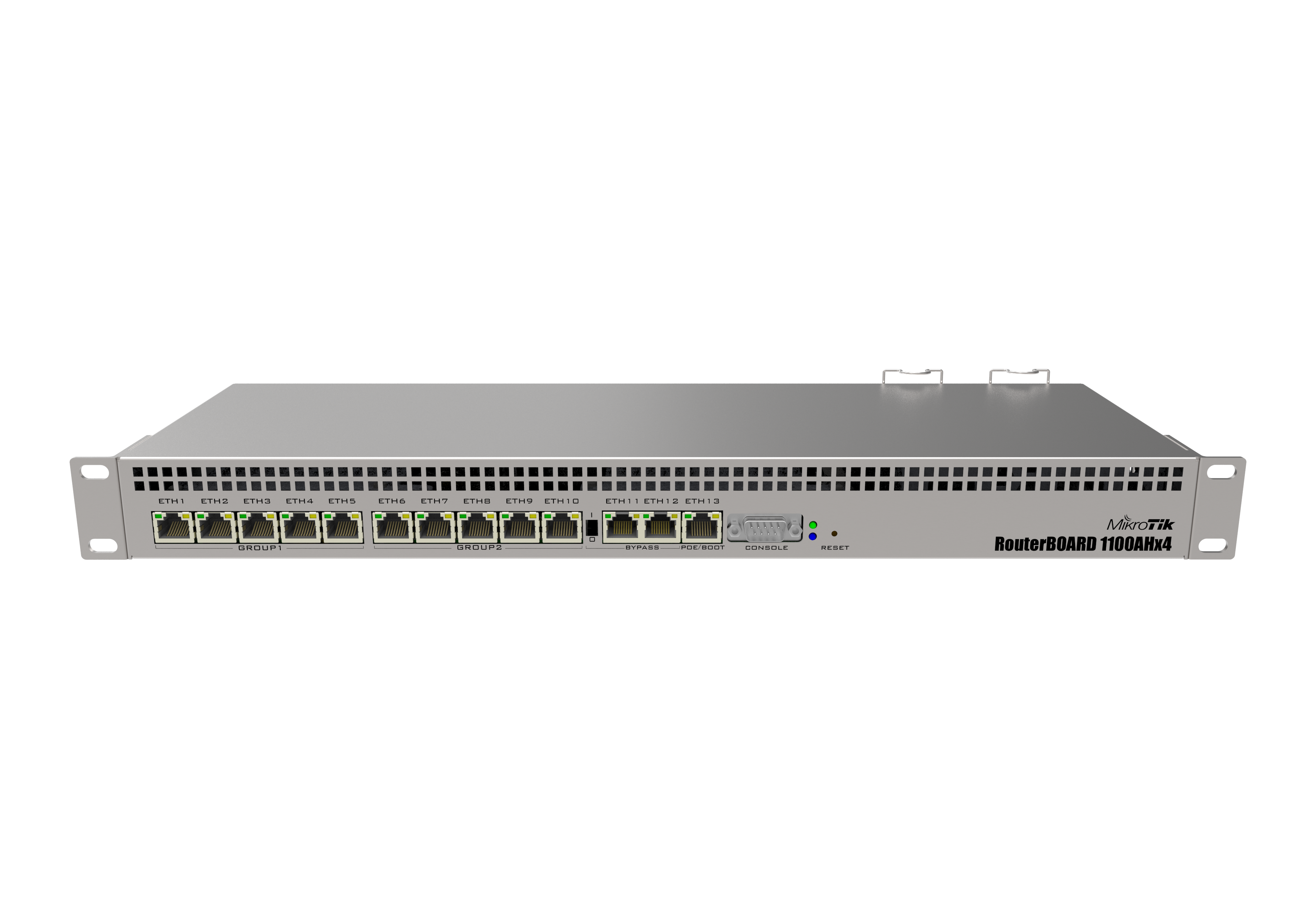 راوتر ميكروتيك RB1100x4 للتثبيت في الرف، 13 منفذ جيجابت، معالج رباعي النواة، نظام تشغيل RouterOS، راوتر مؤسسي بحجم 1U