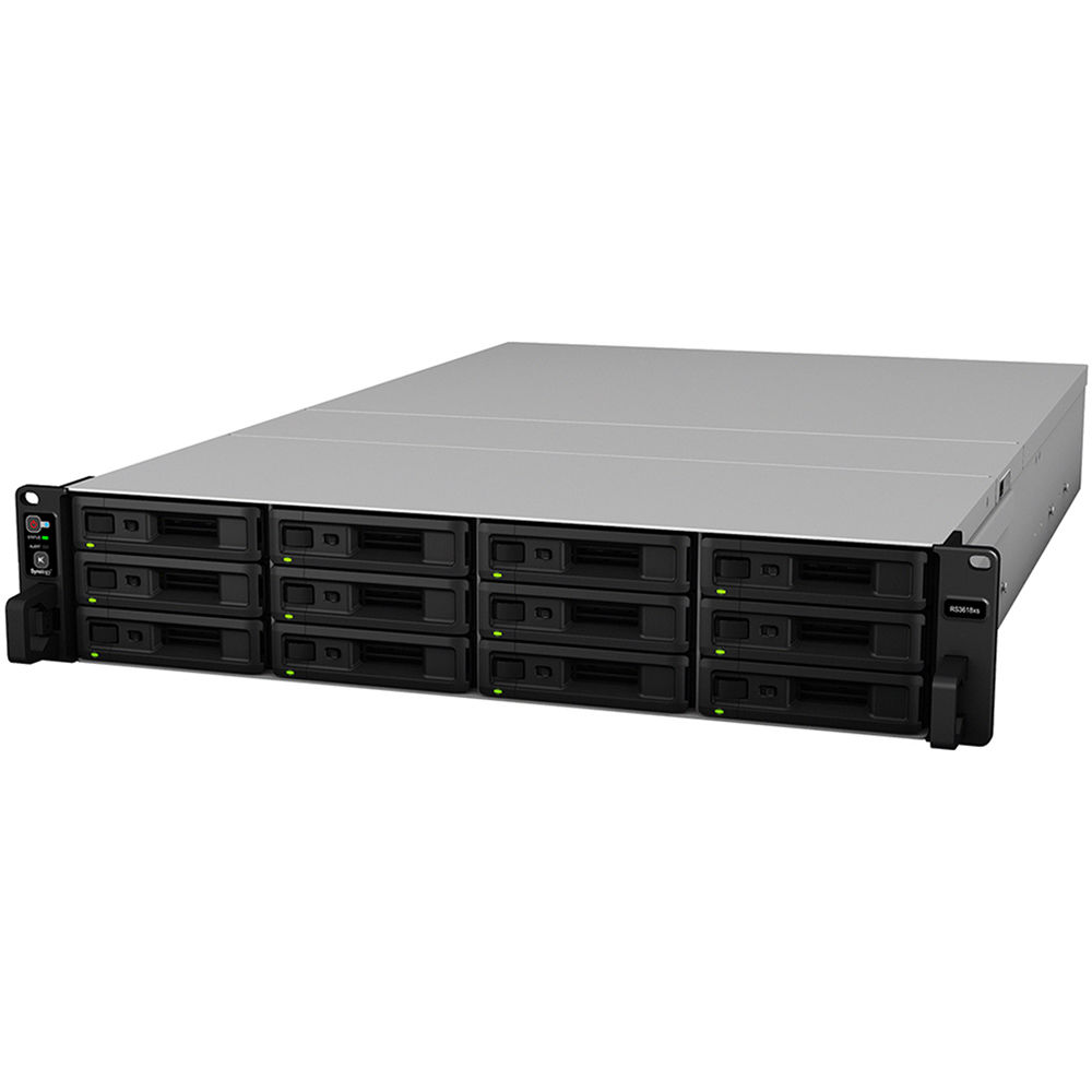 Synology RackStation RS3618xs – وحدة تخزين شبكية 2U بـ 12 فتحة، معالج Intel Xeon D-1521، ذاكرة 8 جيجابايت DDR4 ECC (قابلة للتوسعة حتى 64 جيجابايت)، 4 منافذ 1GbE، منفذ PCIe لدعم 10GbE، نظام ملفات Btrfs، قابل للتوسعة حتى 36 قرص تخزين