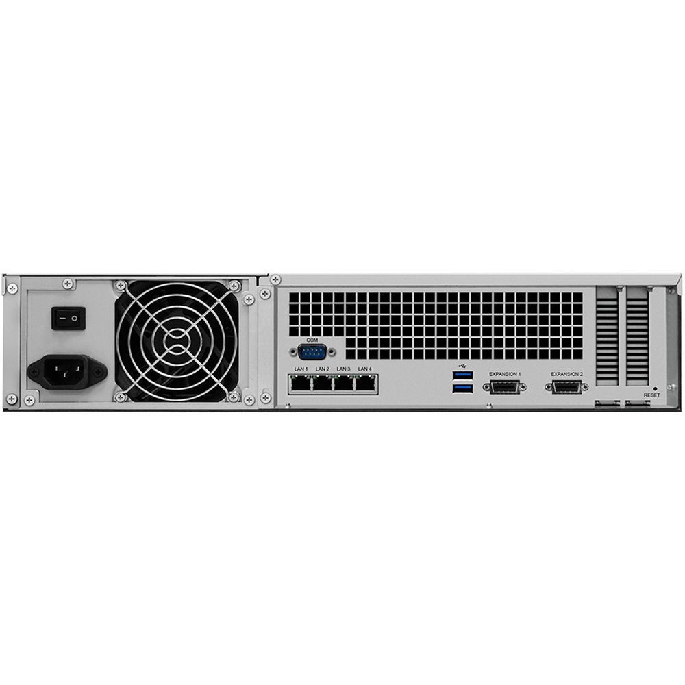 Synology RackStation RS3618xs – وحدة تخزين شبكية 2U بـ 12 فتحة، معالج Intel Xeon D-1521، ذاكرة 8 جيجابايت DDR4 ECC (قابلة للتوسعة حتى 64 جيجابايت)، 4 منافذ 1GbE، منفذ PCIe لدعم 10GbE، نظام ملفات Btrfs، قابل للتوسعة حتى 36 قرص تخزين