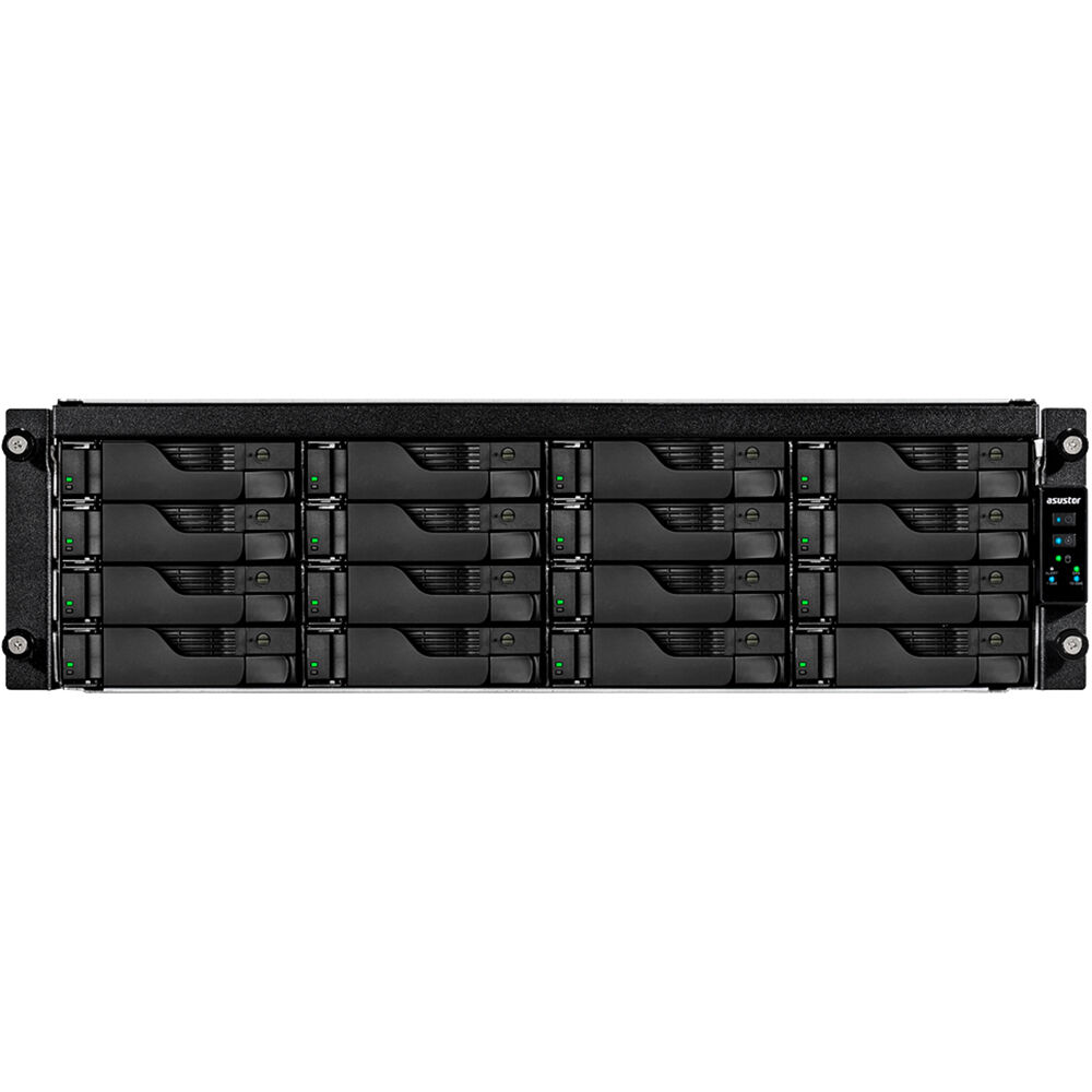ASUSTOR Lockerstor 16R Pro (AS7116RDX) – وحدة تخزين شبكية NAS بواجهة تركيب 3U و16 فتحة، مع معالج Intel Xeon E-2224، وذاكرة ECC DDR4 بسعة 8 جيجابايت (حتى 128 جيجابايت)، وفتحتين M.2 NVMe، وPCIe لدعم سرعات 10/25/40/50 جيجابت، وقابلية التوسعة حتى 28 فتحة