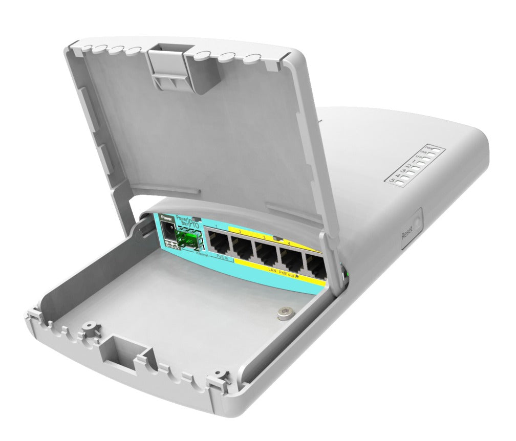 MikroTik RouterBOARD PowerBox Pro - 800MHz CPU, 128MB RAM, 5x Gbit LAN, 4x PoE-Out, SFP, outdoor case, PSU, DIN/pole mount, RouterOS L4