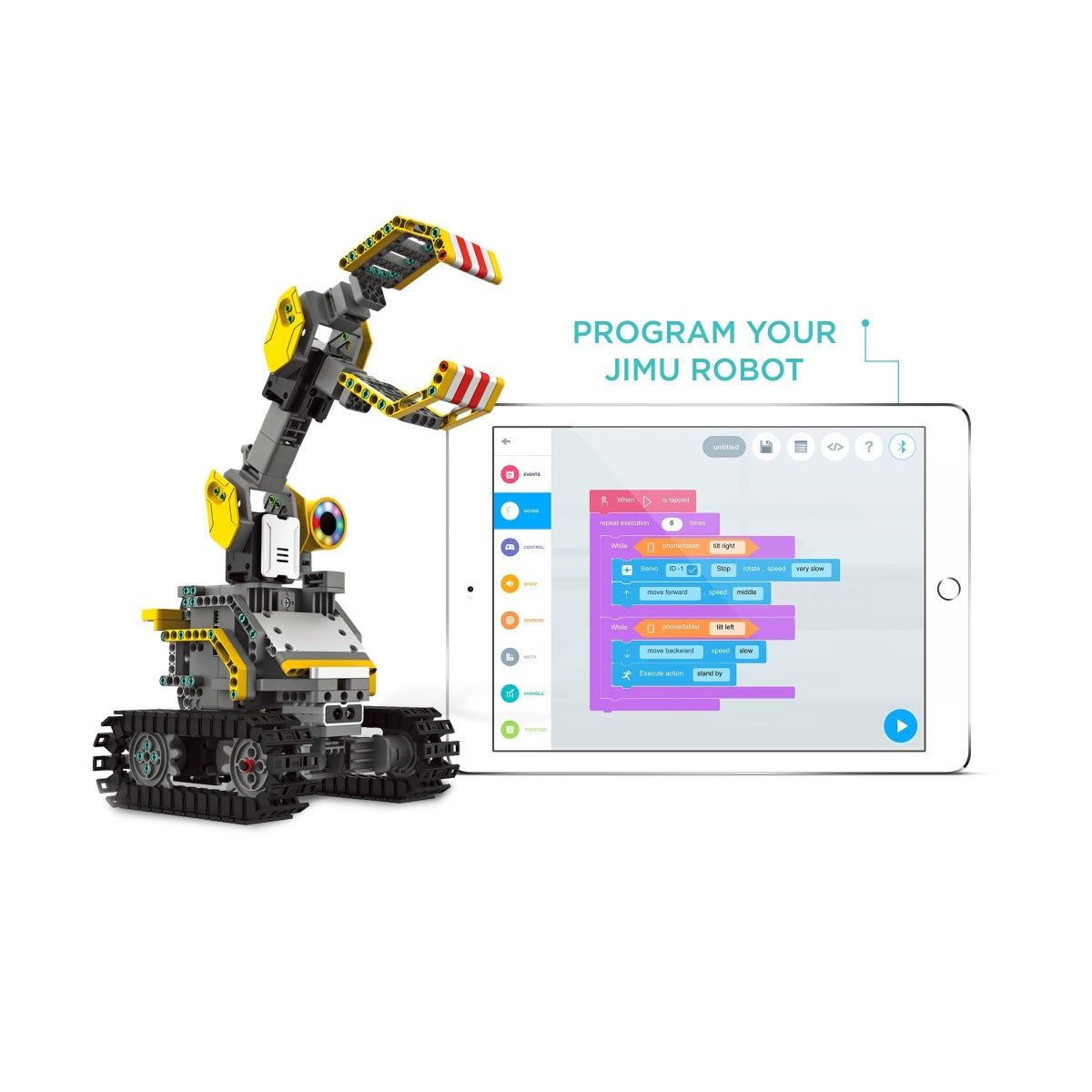 UBTECH JIMU Robot BuilderBots Kit – طقم بناء وبرمجة GrabberBot أو DigBot مع 357 قطعة، حساسات وبرمجة Blockly