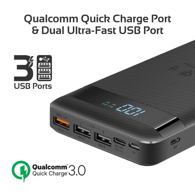 Promate 18W 20000mAh Qi Fast Wireless Power Bank with USB-C QC3.0