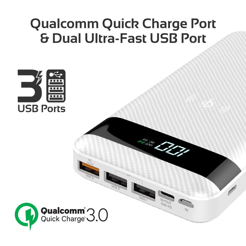 Promate 18W 20000mAh Qi Fast Wireless Power Bank with USB-C QC3.0