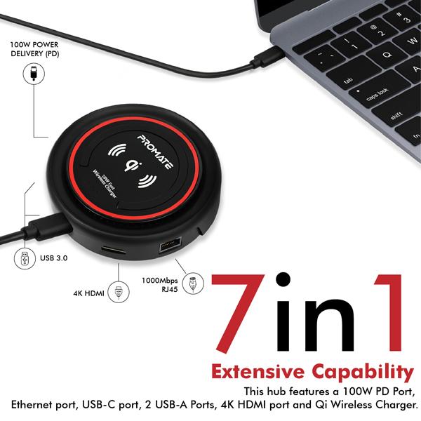 Promate AIO USB-C Hub with 100W Power Delivery & 10W QI Wireless Charger