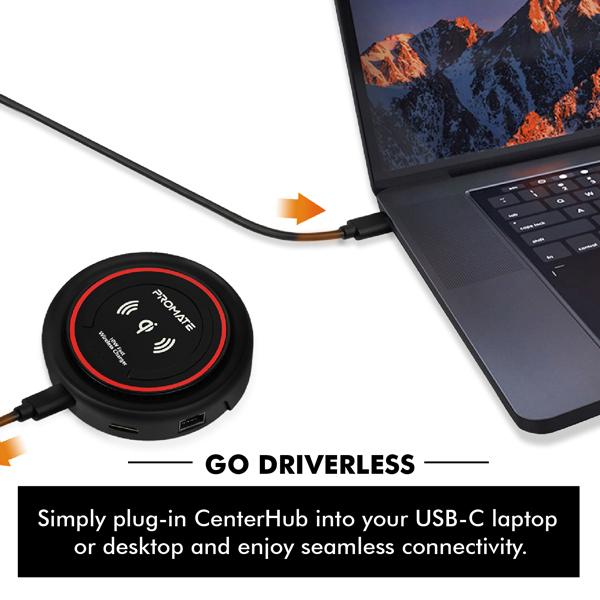 Promate AIO USB-C Hub with 100W Power Delivery & 10W QI Wireless Charger