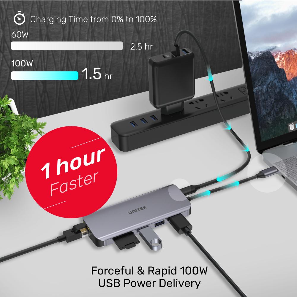 Unitek uHUB N9+ 9-in-1 USB-C Ethernet Hub with Dual Monitor, 100W Power Delivery and Dual Card Reader