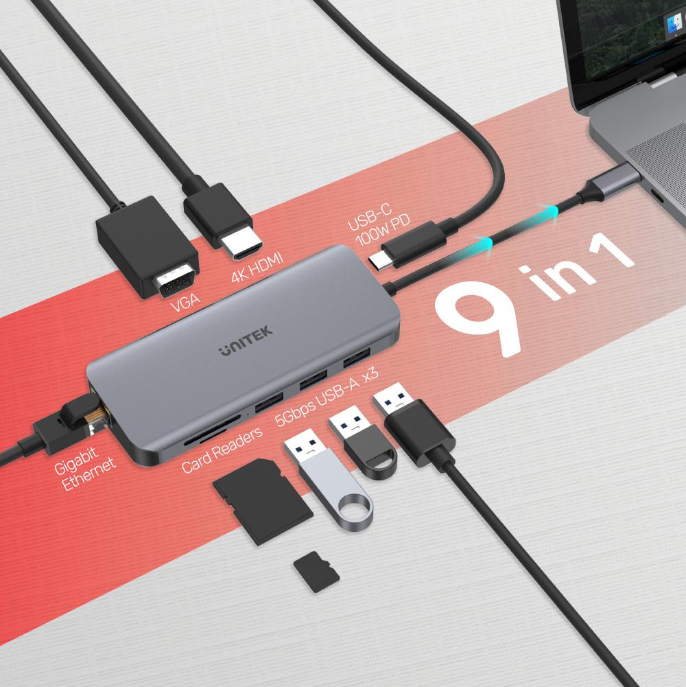 Unitek uHUB N9+ 9-in-1 USB-C Ethernet Hub with Dual Monitor, 100W Power Delivery and Dual Card Reader