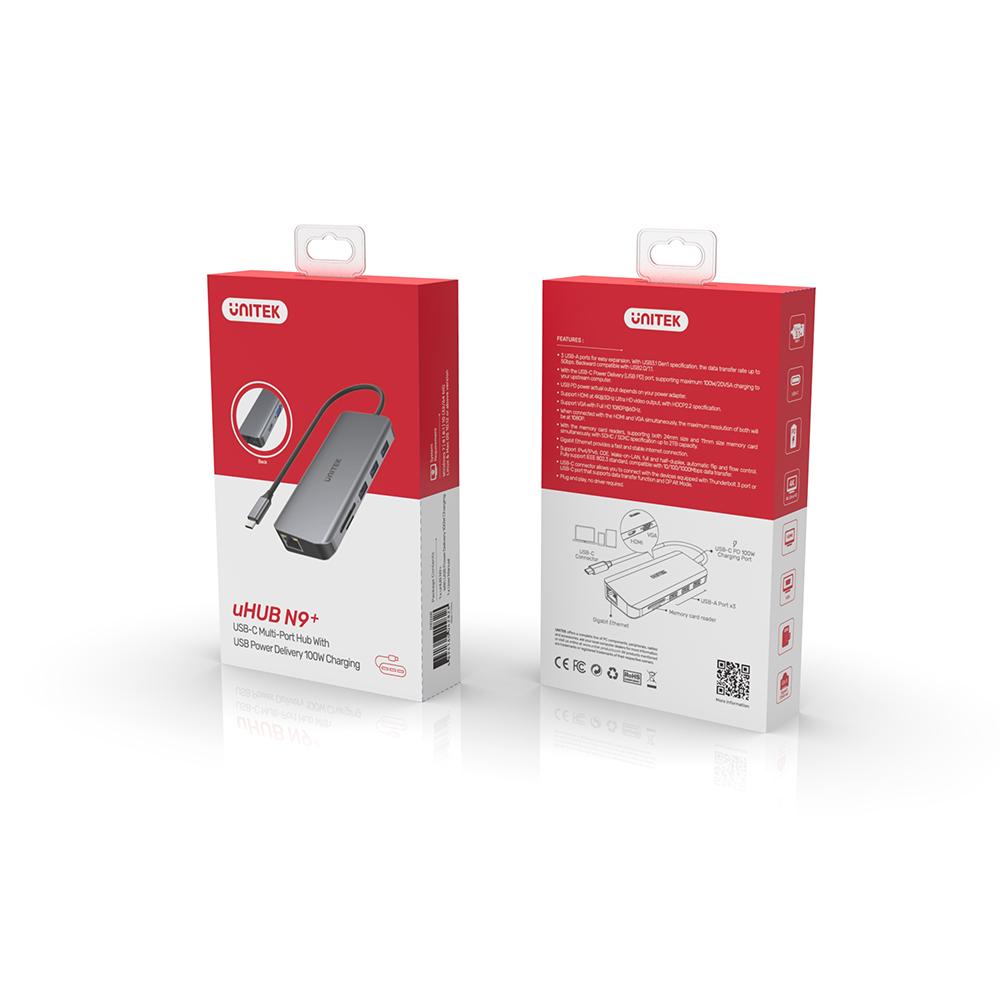 Unitek uHUB N9+ 9-in-1 USB-C Ethernet Hub with Dual Monitor, 100W Power Delivery and Dual Card Reader