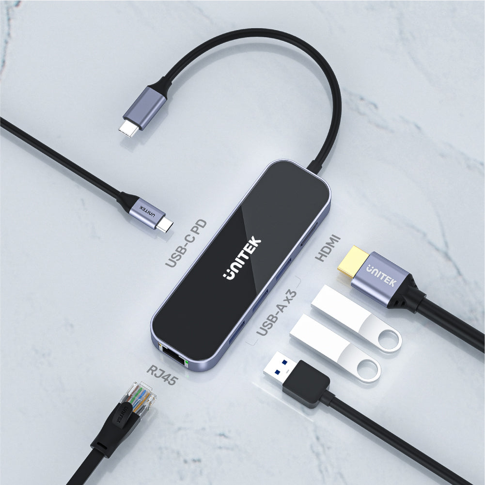 UNITEK uHUB H6 Gloss 6-in-1 USB-C Ethernet Hub مع HDMI وتوصيل الطاقة 100 واط