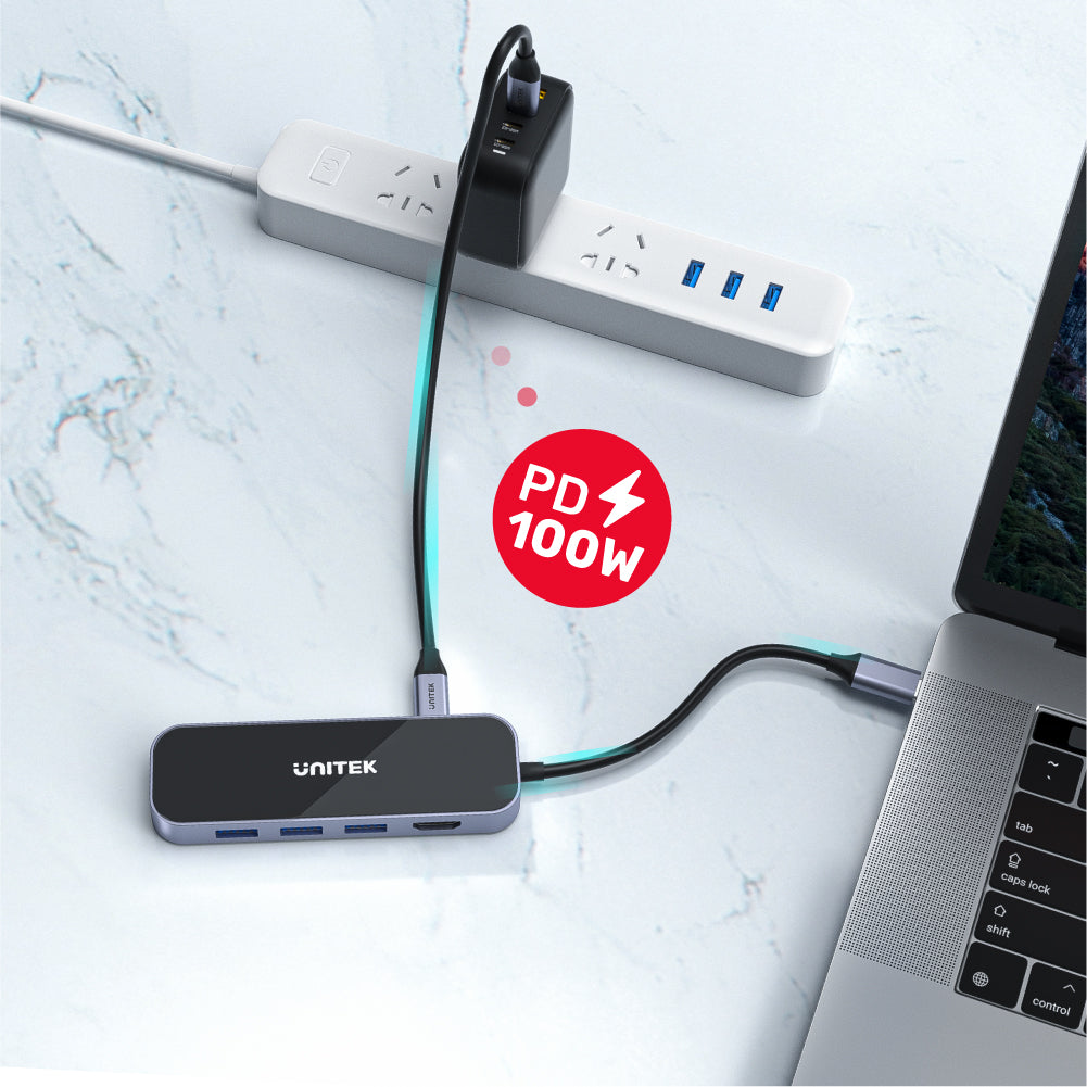 UNITEK uHUB H6 Gloss 6-in-1 USB-C Ethernet Hub مع HDMI وتوصيل الطاقة 100 واط