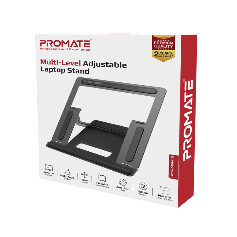 Promate Multi-Level Aluminium Laptop Stand • For Laptops up to 17" •  5-16cm Height Adjustment • DeskMate-5