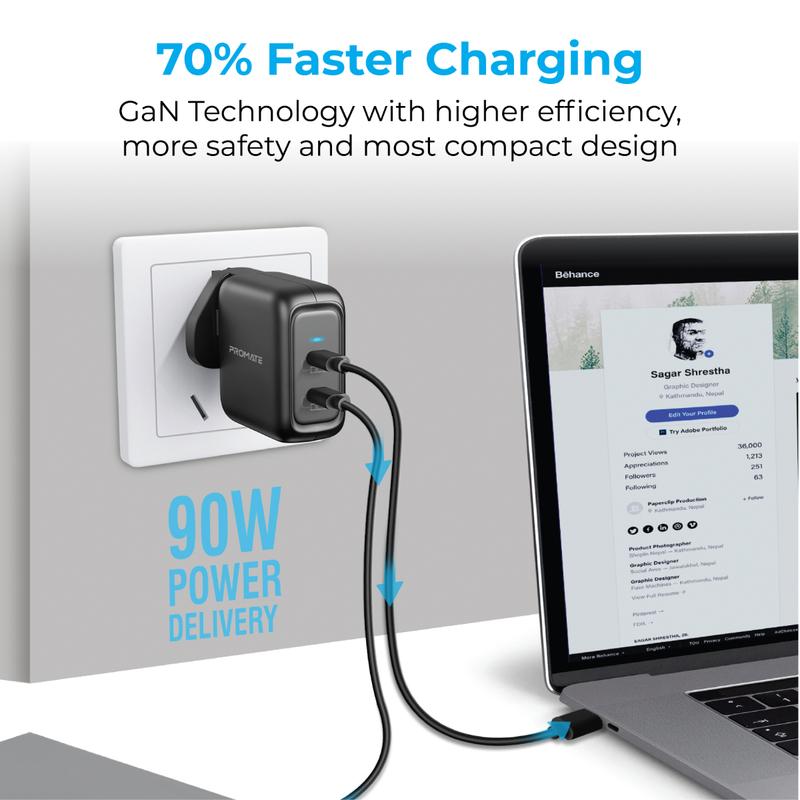 Promate 90W Power Delivery GaNFast™ Charging Adapter • Dual USB-C Ports • GaNPort-90PD