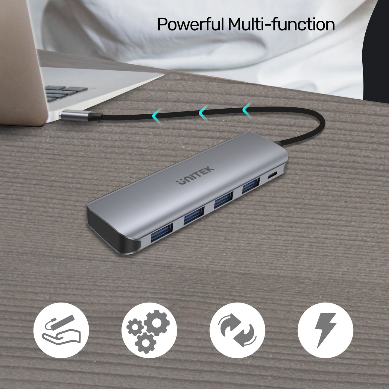 موزع USB-C مزود بالطاقة من UNITEK uHUB P5+ بأربعة منافذ