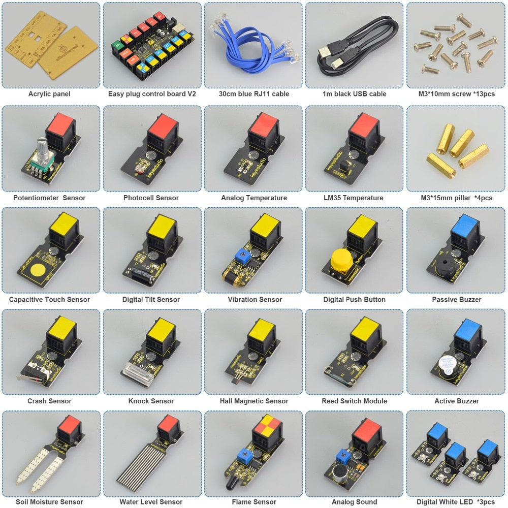 Keyestudio EASY-Plug Starter Learning Kit – 21-Piece Arduino STEAM Kit with Plug-and-Play Modules for Beginners