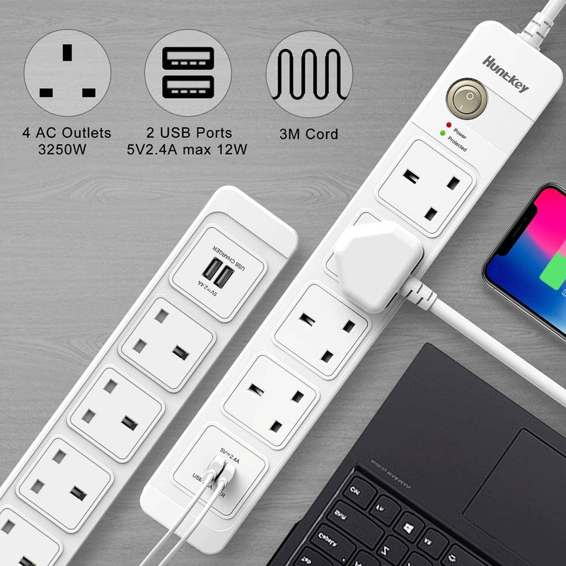 Huntkey 4 Way Outlets and 2 USB Power Strip - SUL507 - 3m