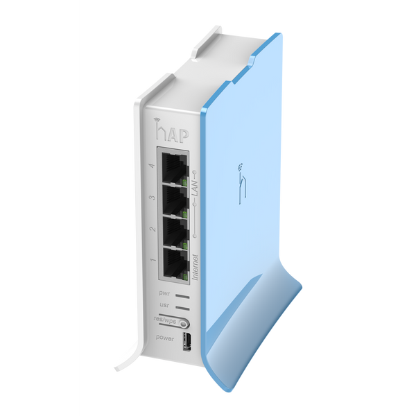 MikroTik hAP lite TC Small home AP with four ethernet ports and a colorful enclosure.