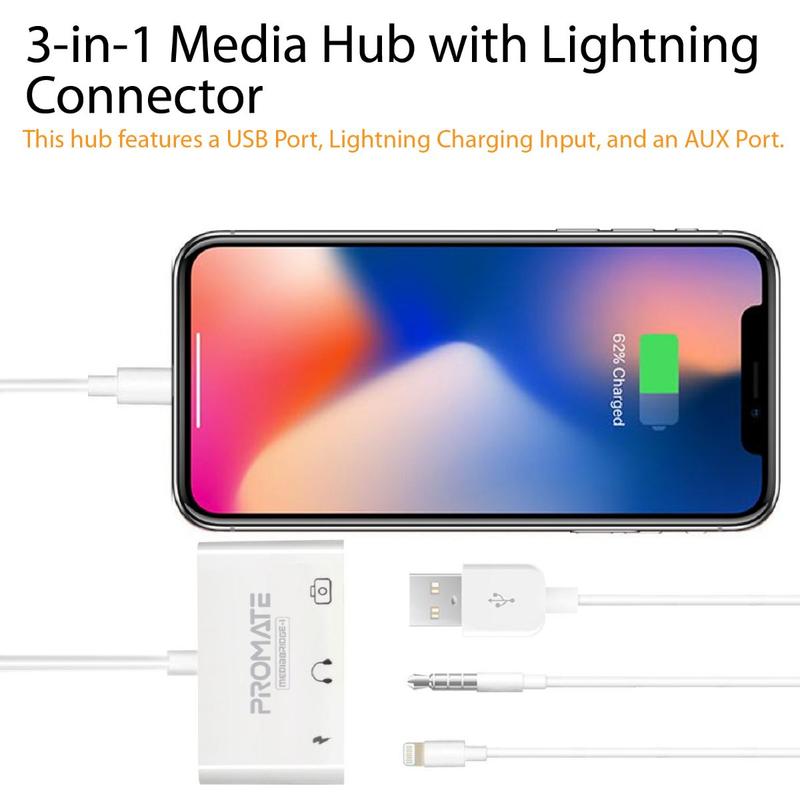 Promate 3-in-1 OTG Lightning Hub • USB 3.0 Port • Charging Bridge • 3.5mm AUX Port • MediaBridge-i