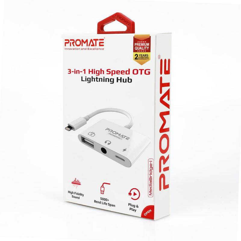 Promate 3-in-1 OTG Lightning Hub • USB 3.0 Port • Charging Bridge • 3.5mm AUX Port • MediaBridge-i