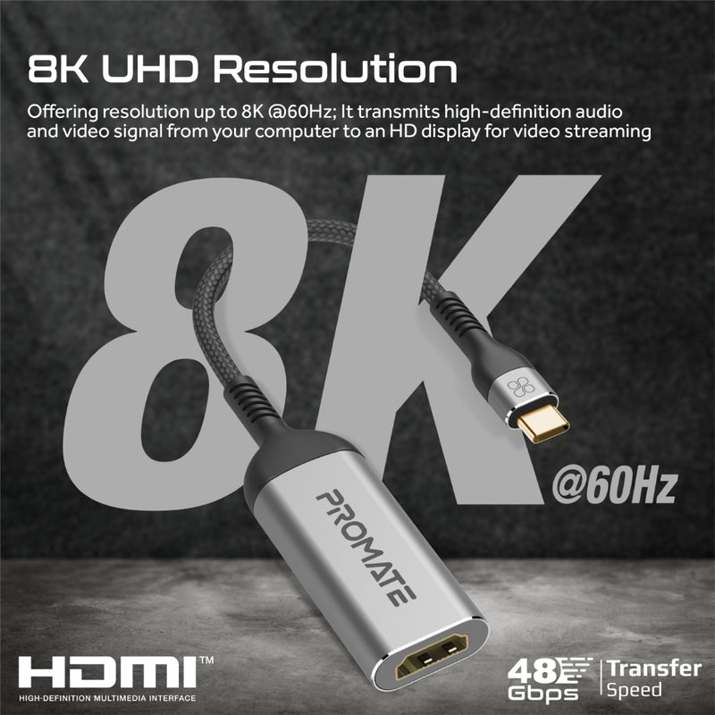 محول Promate 8K @60 هرتز USB-C إلى HDMI • غلاف من الألومنيوم • التوصيل والتشغيل • متوافق مع iOS وWindows وAndroid • MediaLink-8K