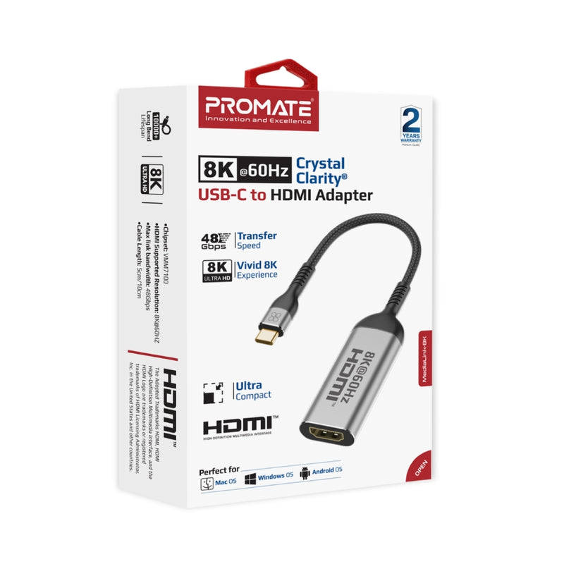 محول Promate 8K @60 هرتز USB-C إلى HDMI • غلاف من الألومنيوم • التوصيل والتشغيل • متوافق مع iOS وWindows وAndroid • MediaLink-8K