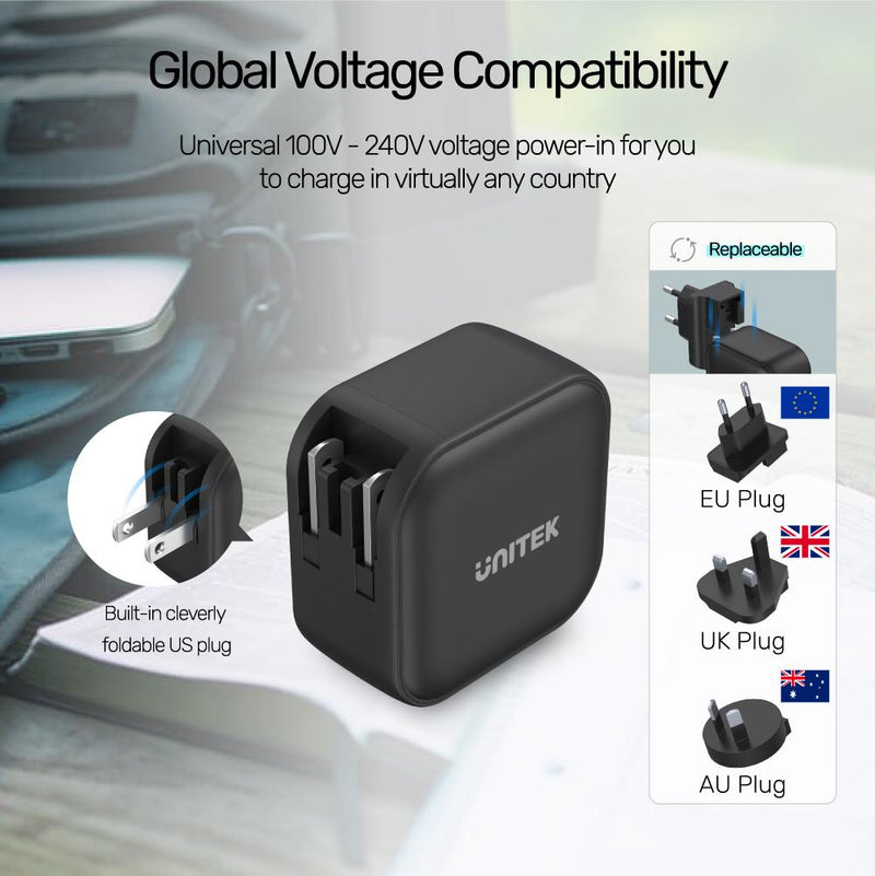 UNITEK 3 Ports 66W Charger with USB PD and QC 3.0