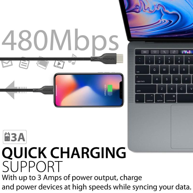 Promate USB-C to Lightning Data and Charge Cable for iPhone/iPad - 1.2m
