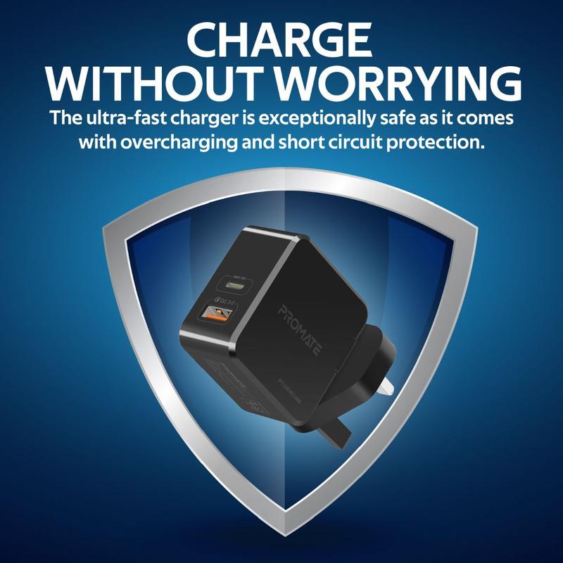 Promate 36W Fast Charging Dual Port Wall Charger with Type-C