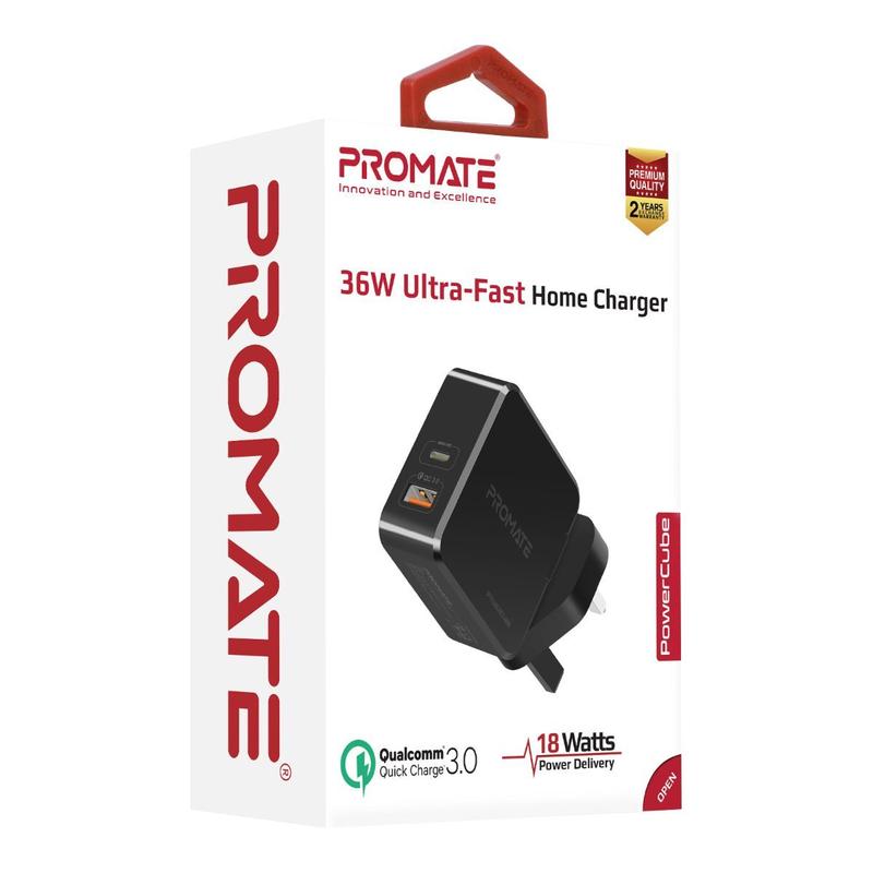 Promate 36W Fast Charging Dual Port Wall Charger with Type-C