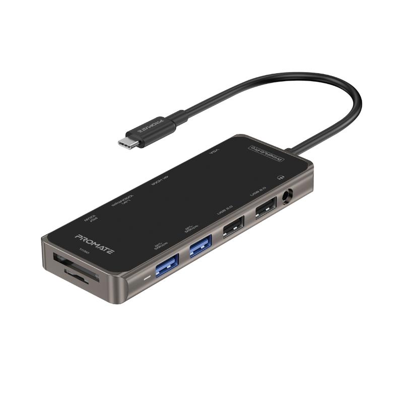 موزع بروميت 11 في 1 USB-C مع 100 واط PD 4K HDMI، منفذ VGA، منفذ RJ45، AUX، فتحة بطاقة TF/SD و4 منافذ USB