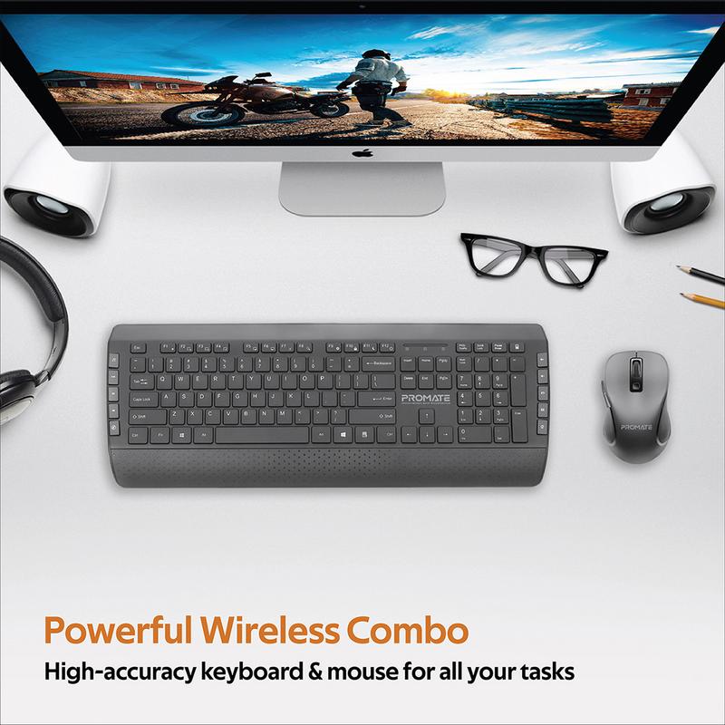 Promate Wireless Keyboard & Mouse Combo with Palm Rest - Arabic