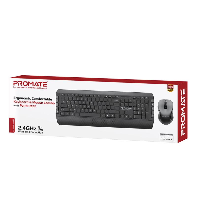 Promate Wireless Keyboard & Mouse Combo with Palm Rest - Arabic